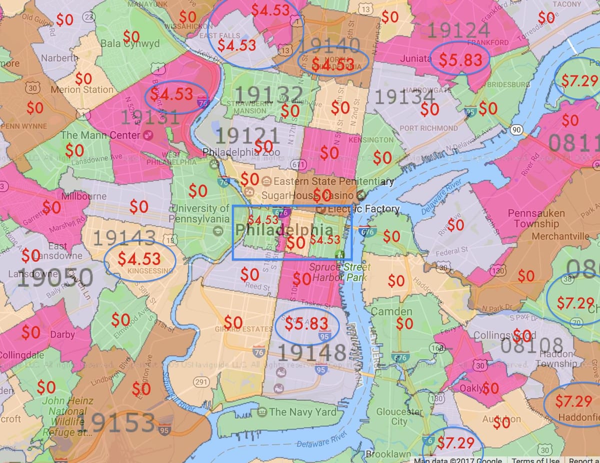 Philadelphia ja seda ümbritsevate piirkondade kaart